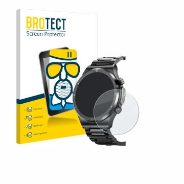 Vorderseite einer Produktverpackung mit dem Markenlogo BROTECT. Daneben ist das Gerät Powerwill Smartwatch 1.39