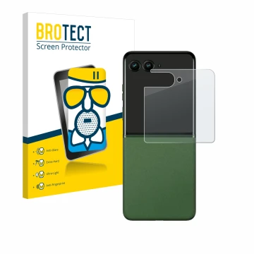 Vorderseite einer Produktverpackung mit dem Markenlogo BROTECT. Daneben ist das Gerät Motorola Razr 50 (Hinteres Display) mit 