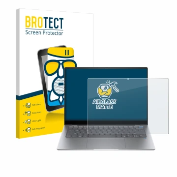 Vorderseite einer Produktverpackung mit dem Markenlogo BROTECT. Daneben ist das Gerät HP OmniBook X AI 14 mit dem zugehörigen 