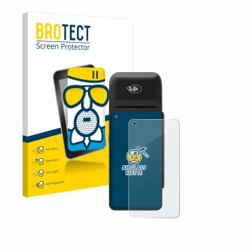 Vorderseite einer Produktverpackung mit dem Markenlogo BROTECT. Daneben ist das Gerät Verifone T650c mit dem zugehörigen Displ