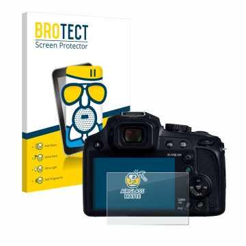 Vorderseite einer Produktverpackung mit dem Markenlogo BROTECT. Daneben ist das Gerät Panasonic Lumix DC-FZ82D mit dem zugehör
