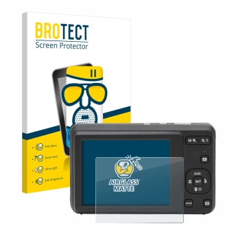 Vorderseite einer Produktverpackung mit dem Markenlogo BROTECT. Daneben ist das Gerät Kodak Pixpro FZ55 mit dem zugehörigen Di