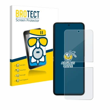 Vorderseite einer Produktverpackung mit dem Markenlogo BROTECT. Daneben ist das Gerät Samsung Galaxy Z Flip 6 mit dem zugehöri