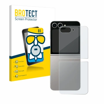 Vorderseite einer Produktverpackung mit dem Markenlogo BROTECT. Daneben ist das Gerät Samsung Galaxy Z Flip 6 (Rückseite) mit 