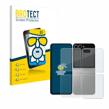 Vorderseite einer Produktverpackung mit dem Markenlogo BROTECT. Daneben ist das Gerät Samsung Galaxy Z Flip 6 (Display+Rücksei