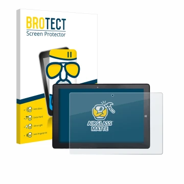 Vorderseite einer Produktverpackung mit dem Markenlogo BROTECT. Daneben ist das Gerät Awow AiBook 10 mit dem zugehörigen Displ