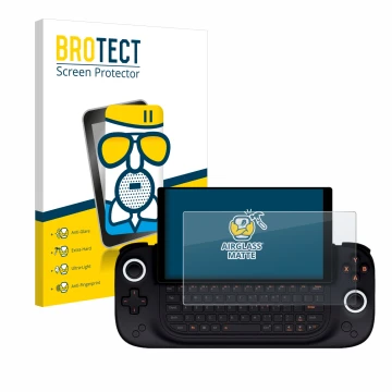 Vorderseite einer Produktverpackung mit dem Markenlogo BROTECT. Daneben ist das Gerät Ayaneo Slide mit dem zugehörigen Display