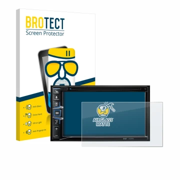 Vorderseite einer Produktverpackung mit dem Markenlogo BROTECT. Daneben ist das Gerät Alpine INE-W611D mit dem zugehörigen Dis