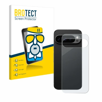 Vorderseite einer Produktverpackung mit dem Markenlogo BROTECT. Daneben ist das Gerät Google Pixel 9 Pro (Rückseite) mit dem z