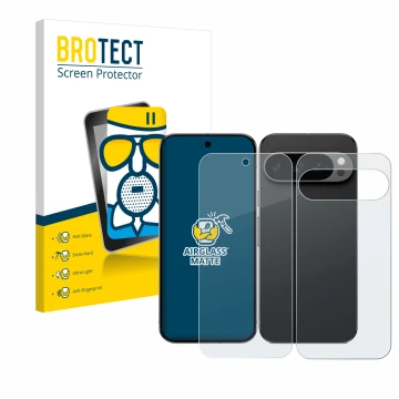 Vorderseite einer Produktverpackung mit dem Markenlogo BROTECT. Daneben ist das Gerät Google Pixel 9 Pro (Display+Rückseite) m