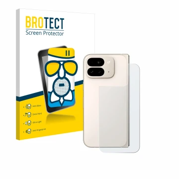 Vorderseite einer Produktverpackung mit dem Markenlogo BROTECT. Daneben ist das Gerät Google Pixel 9 Pro Fold (Rückseite) mit 