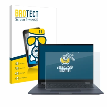 Vorderseite einer Produktverpackung mit dem Markenlogo BROTECT. Daneben ist das Gerät ASUS Vivobook S 14 Flip TN3402 mit dem z