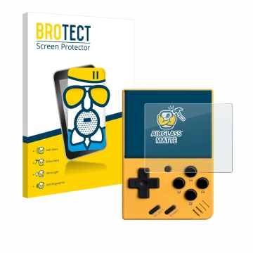 Vorderseite einer Produktverpackung mit dem Markenlogo BROTECT. Daneben ist das Gerät Miyoo Mini V4 mit dem zugehörigen Displa