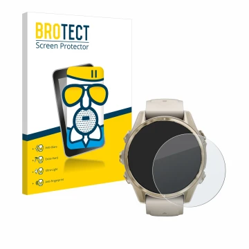 Vorderseite einer Produktverpackung mit dem Markenlogo BROTECT. Daneben ist das Gerät Garmin Fenix 8 (43 mm) mit dem zugehörig