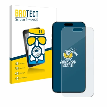 Vorderseite einer Produktverpackung mit dem Markenlogo BROTECT. Daneben ist das Gerät Apple iPhone 16 mit dem zugehörigen Disp