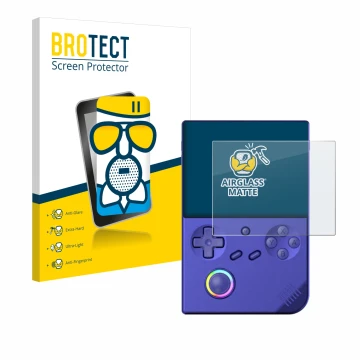 Vorderseite einer Produktverpackung mit dem Markenlogo BROTECT. Daneben ist das Gerät Anbernic RG40XXV mit dem zugehörigen Dis