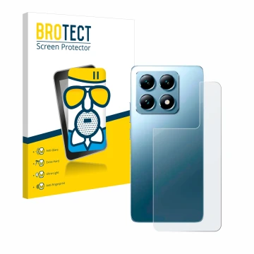 Vorderseite einer Produktverpackung mit dem Markenlogo BROTECT. Daneben ist das Gerät Xiaomi 14T Pro (Rückseite) mit dem zugeh