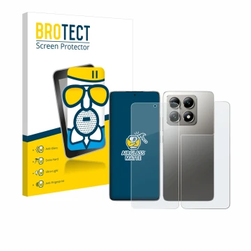 Vorderseite einer Produktverpackung mit dem Markenlogo BROTECT. Daneben ist das Gerät Xiaomi 14T Pro (Display+Rückseite) mit d