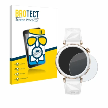 Vorderseite einer Produktverpackung mit dem Markenlogo BROTECT. Daneben ist das Gerät Huawei Watch GT 5 Pro (42 mm) mit dem zu
