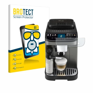 Vorderseite einer Produktverpackung mit dem Markenlogo BROTECT. Daneben ist das Gerät DeLonghi Magnifica Evo Next mit dem zuge