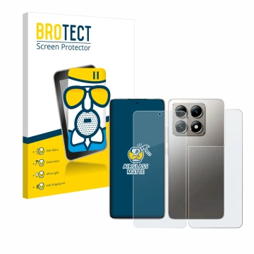 Vorderseite einer Produktverpackung mit dem Markenlogo BROTECT. Daneben ist das Gerät Xiaomi 14T (Display+Rückseite) mit dem z