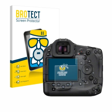 Vorderseite einer Produktverpackung mit dem Markenlogo BROTECT. Daneben ist das Gerät Canon EOS R1 mit dem zugehörigen Display