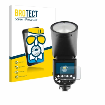 Vorderseite einer Produktverpackung mit dem Markenlogo BROTECT. Daneben ist das Gerät Godox TT685 II mit dem zugehörigen Displ