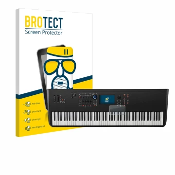 Vorderseite einer Produktverpackung mit dem Markenlogo BROTECT. Daneben ist das Gerät Yamaha MODX8+ mit dem zugehörigen Displa