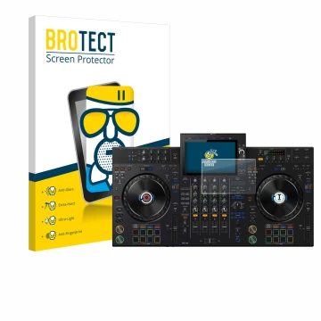 Vorderseite einer Produktverpackung mit dem Markenlogo BROTECT. Daneben ist das Gerät AlphaTheta XDJ-AZ mit dem zugehörigen Di