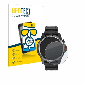 Vorderseite einer Produktverpackung mit dem Markenlogo BROTECT. Daneben ist das Gerät Mobvoi Ticwatch Atlas mit dem zugehörige