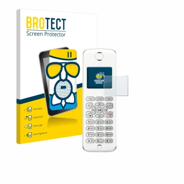 Vorderseite einer Produktverpackung mit dem Markenlogo BROTECT. Daneben ist das Gerät AVM Fritz!Fon M2 mit dem zugehörigen Dis