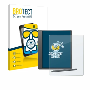 Vorderseite einer Produktverpackung mit dem Markenlogo BROTECT. Daneben ist das Gerät Amazon Kindle Scribe 2024 mit dem zugehö