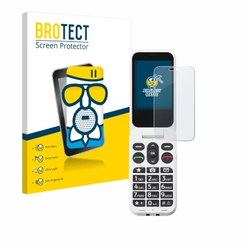 Vorderseite einer Produktverpackung mit dem Markenlogo BROTECT. Daneben ist das Gerät Doro Leva L20 mit dem zugehörigen Displa