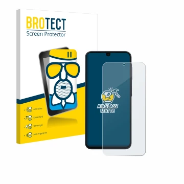 Vorderseite einer Produktverpackung mit dem Markenlogo BROTECT. Daneben ist das Gerät Samsung Galaxy A16 4G mit dem zugehörige