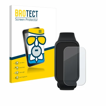 Vorderseite einer Produktverpackung mit dem Markenlogo BROTECT. Daneben ist das Gerät Xiaomi Smart Band 9 Active mit dem zugeh