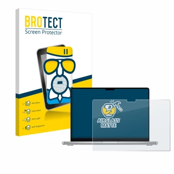 Vorderseite einer Produktverpackung mit dem Markenlogo BROTECT. Daneben ist das Gerät Apple MacBook Pro 14