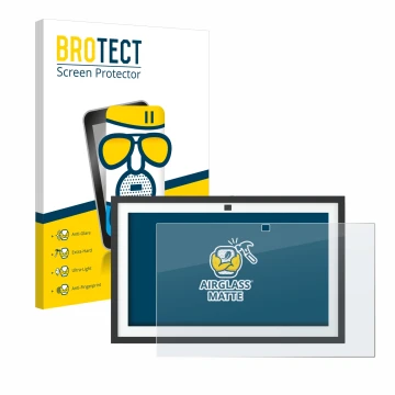 Vorderseite einer Produktverpackung mit dem Markenlogo BROTECT. Daneben ist das Gerät Amazon Echo Show 15 2024 mit dem zugehör