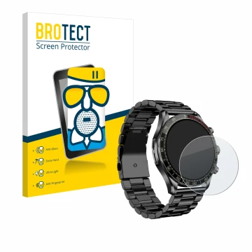 Vorderseite einer Produktverpackung mit dem Markenlogo BROTECT. Daneben ist das Gerät Maoo Titan Smartwatch 1.43