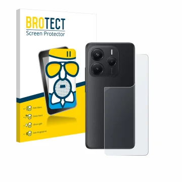 Vorderseite einer Produktverpackung mit dem Markenlogo BROTECT. Daneben ist das Gerät Xiaomi Redmi Note 14 (Rückseite) mit dem