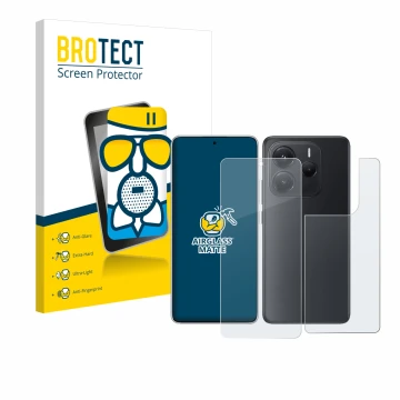 Vorderseite einer Produktverpackung mit dem Markenlogo BROTECT. Daneben ist das Gerät Xiaomi Redmi Note 14 (Display+Rückseite)