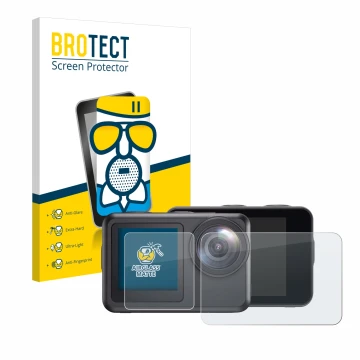 Vorderseite einer Produktverpackung mit dem Markenlogo BROTECT. Daneben ist das Gerät Akaso Brave 7 LE mit dem zugehörigen Dis