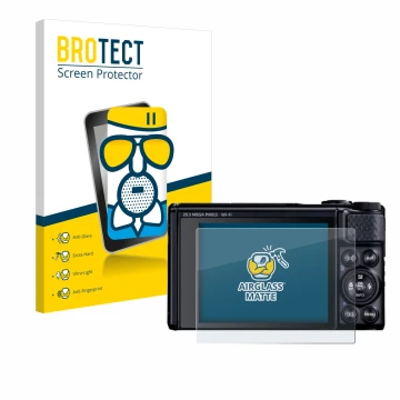 Vorderseite einer Produktverpackung mit dem Markenlogo BROTECT. Daneben ist das Gerät Canon PowerShot SX740 HS Lite mit dem zu