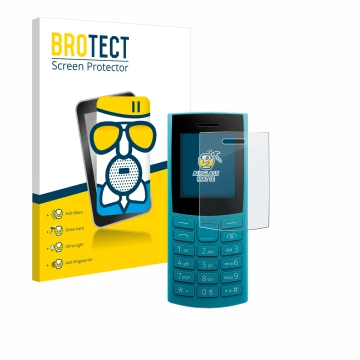 Vorderseite einer Produktverpackung mit dem Markenlogo BROTECT. Daneben ist das Gerät Nokia 105 4G 2nd Edition mit dem zugehör