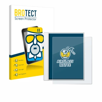 Vorderseite einer Produktverpackung mit dem Markenlogo BROTECT. Daneben ist das Gerät Boox Note Max mit dem zugehörigen Displa