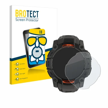 Vorderseite einer Produktverpackung mit dem Markenlogo BROTECT. Daneben ist das Gerät Garmin Instinct 3 Solar (45 mm) mit dem 