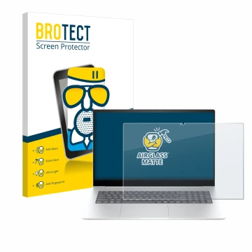 Vorderseite einer Produktverpackung mit dem Markenlogo BROTECT. Daneben ist das Gerät HP Envy 17-da0777ng mit dem zugehörigen 