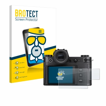 Vorderseite einer Produktverpackung mit dem Markenlogo BROTECT. Daneben ist das Gerät Leica SL3-S (Display + Schulterdisplay) 