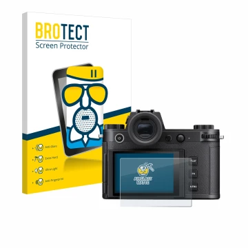 Vorderseite einer Produktverpackung mit dem Markenlogo BROTECT. Daneben ist das Gerät Leica SL3-S mit dem zugehörigen Displays