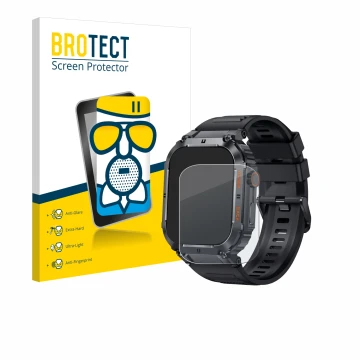 Vorderseite einer Produktverpackung mit dem Markenlogo BROTECT. Daneben ist das Gerät bedee Smartwatch 1.96