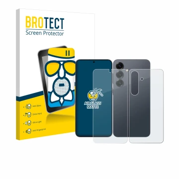 Vorderseite einer Produktverpackung mit dem Markenlogo BROTECT. Daneben ist das Gerät Samsung Galaxy S25 (Display+Rückseite) m